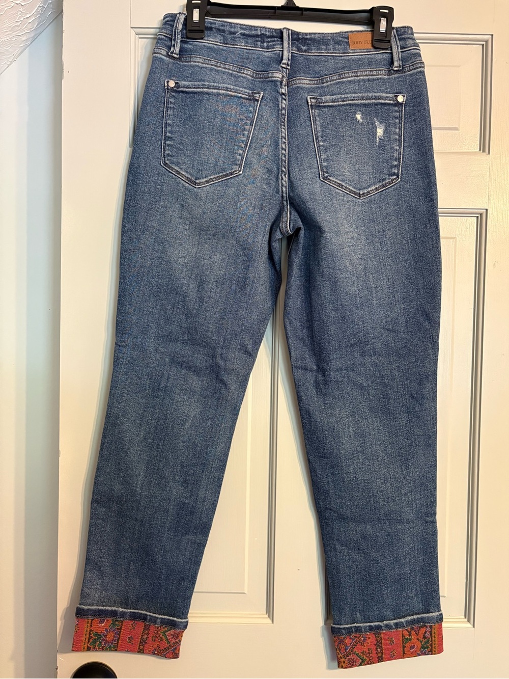 Judy Blue 7/28 Straight Leg Boyfriend Distressed Jeans with Patterned Cuff - Picture 2 of 6
